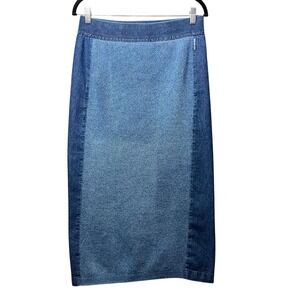 Blue Willi's Denmark Denim Knit Panel Midi Skirt M Indigo Cotton 32" Vintage 90s